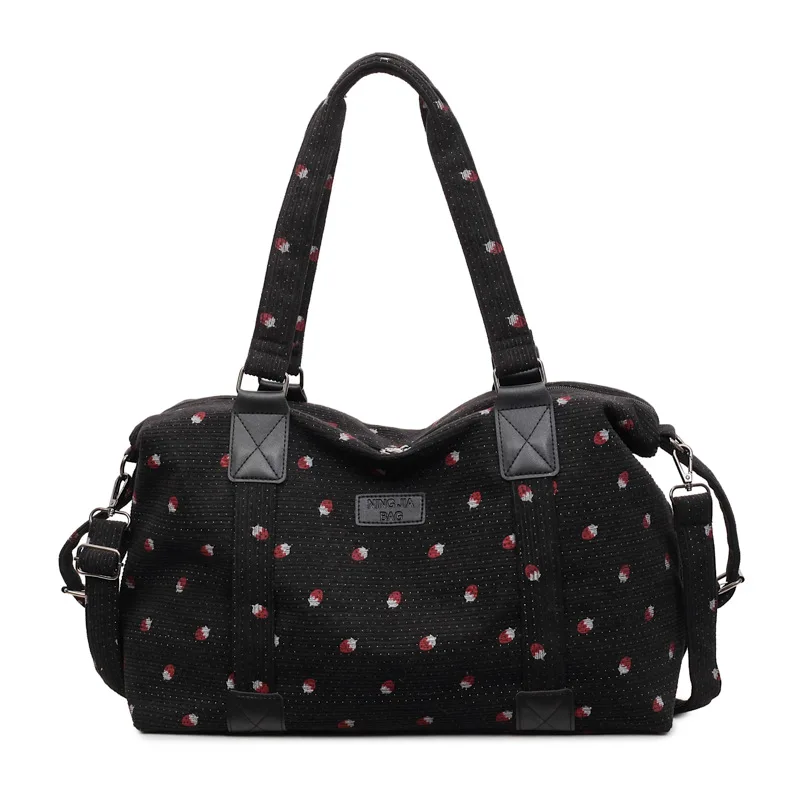 Corduroy Travel Tote Bag Large Capacity Strawberry Travel Handbag with Shoe Compartment Sports Fitness Bag for Women Droshipping view 6