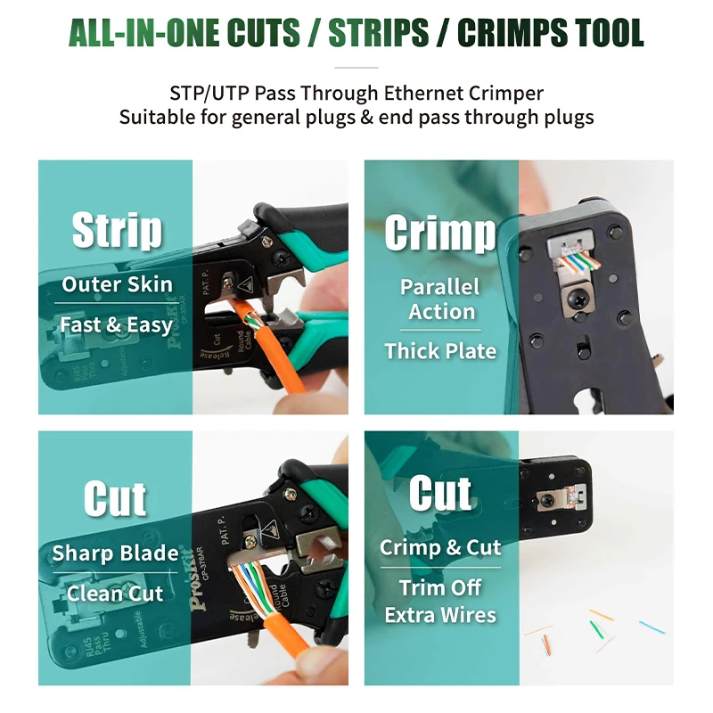 Pro’skit CP-376AR Through Hole Network Crimping Pliers CAT.7/6/5 3 in 1 Cut Strip Crimp Tool Ethernet Cable Repair Hand Pliers