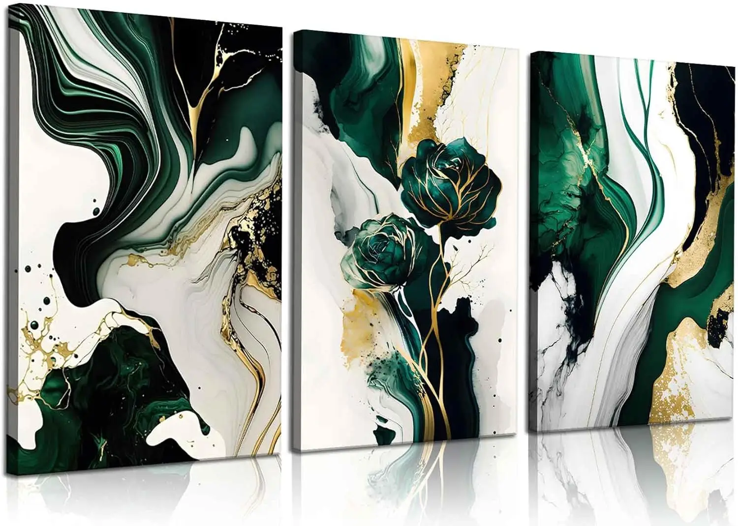 

3-Piece Emerald Green Abstract Canvas Wall Art with Gold Accents, Ready to Hang for Living Room or Office Decor