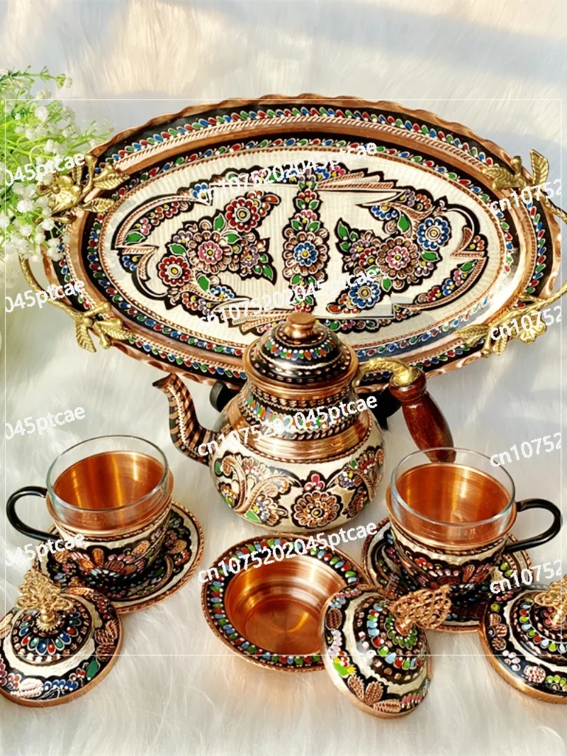 

Turkish Handmade Copper Tire Teapot Set, Hand-painted Enamel Color, Beautiful European Court