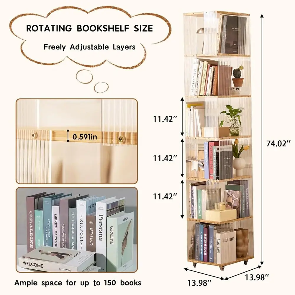 360 °   回転式アクリル本棚 - 子供、家庭、オフィス用の6段の背の高い狭い収納棚