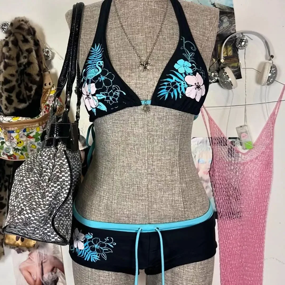 

Новый летний купальник 2026 года в американском ретро-стиле «Spicy Girl» с тропическими цветами и растениями, с завязками на шее, контрастный, раздельный