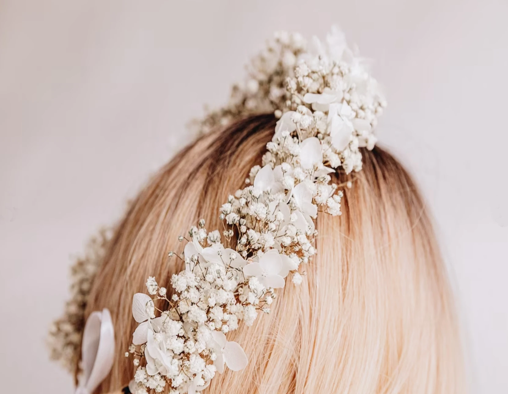 Handmade Preserved White Gypsophila Hydrangea Bridal Boho Crown, Wedding Flower Girl Crown, Children\'s Birthday Decorations