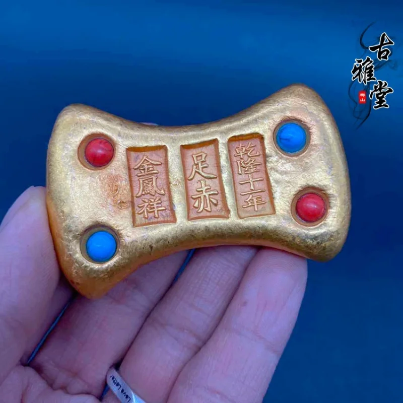 

Jin Fengxiang Pure Red Gold Bar Qianlong Year Large Gold Ingot Decoration Inlaid Jewel Gold Ingot Ancient Gold