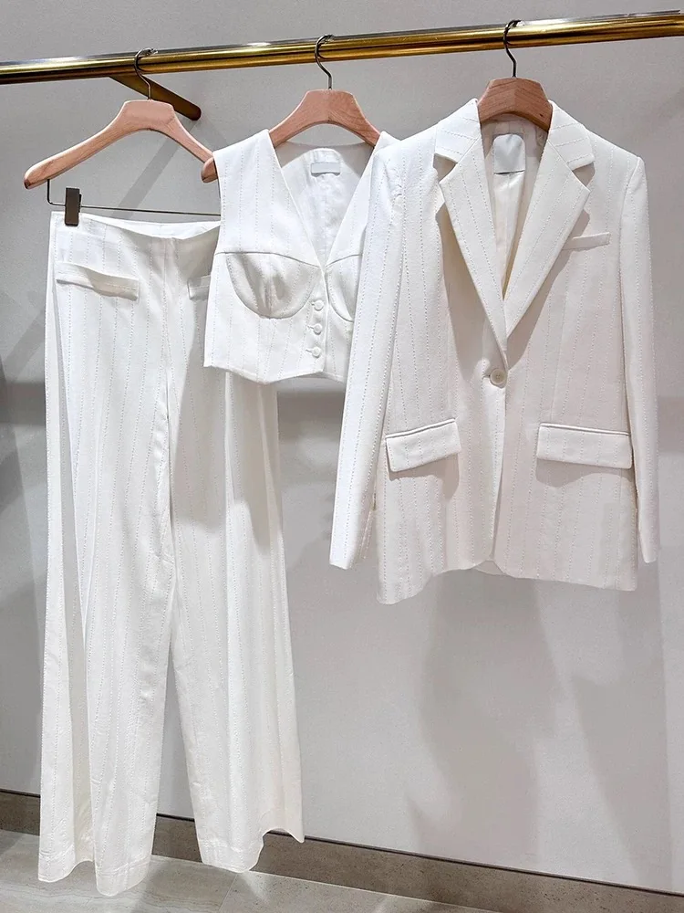 

Ранняя весна, белый полосатый костюм с бусинами, комплект брюк Jaet orts, комплект Ele Simple Briti Sle, смесь полиэстера с высокой талией для поездок на работу