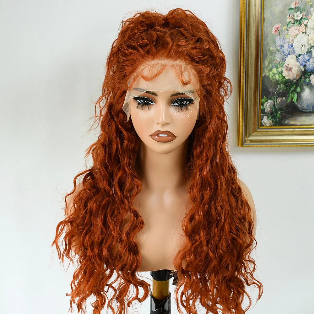 

Рыжие парики фронта шнурка Свободный парик с глубокими волнами для женщин 30-дюймовый вьющийся парик Парики для косплея Термостойкий синтетический парик фронтальной части шнурка