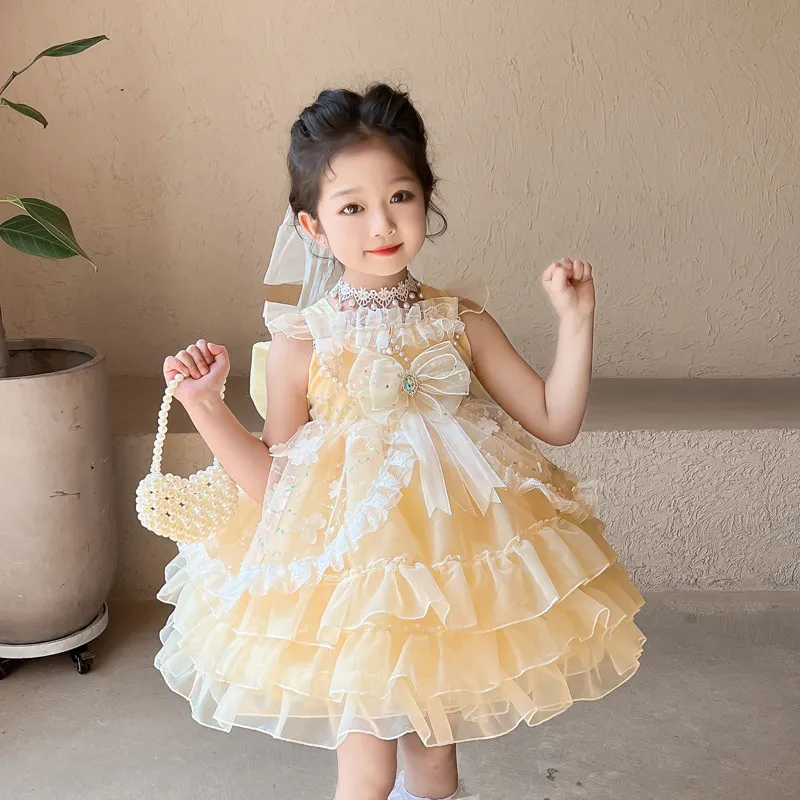 

Girls' Lolita Style Sweet Dress 2026 Summer New Little Girl Cute Yellow Dress Kids Back Big Bow Lolita Princess Dress