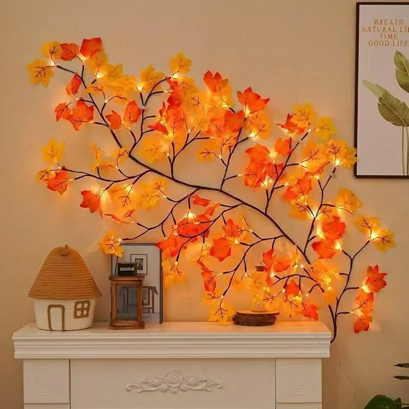 Thanksgiving Autumn Maple Leaf Vine Wall Light, Flexible Branch LED Fairy String Light Fall Maple Garland Lamp for Fireplace Wall Home Bedroom Decor