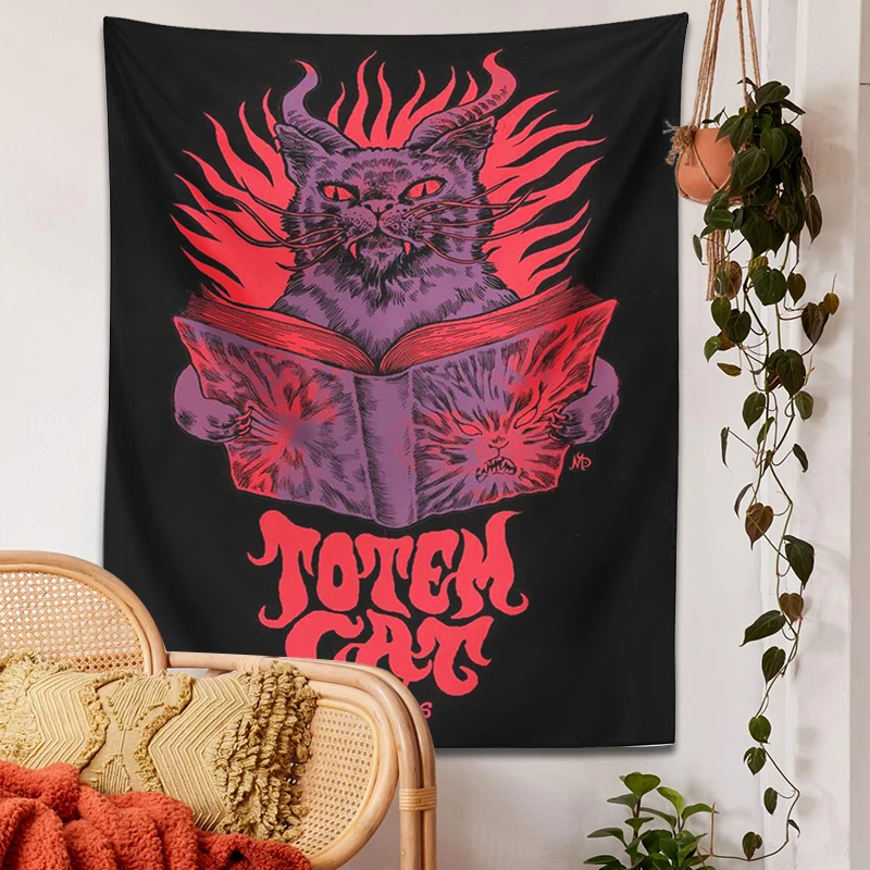 Mystic Totem Cat Tapestry Wall Hanging Tarot Witchcraft Divination Baphomet Occult Home Wall Black Decor Cat Coven Decor Cloth