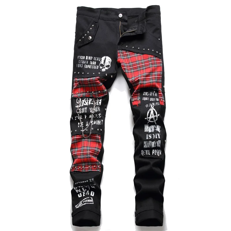 Men\'s Scotland Red Plaid Tartan Patchwork Jeans Punk Rivet Patch Black Denim Pants Skull Letters Printed Slim Straight Trousers