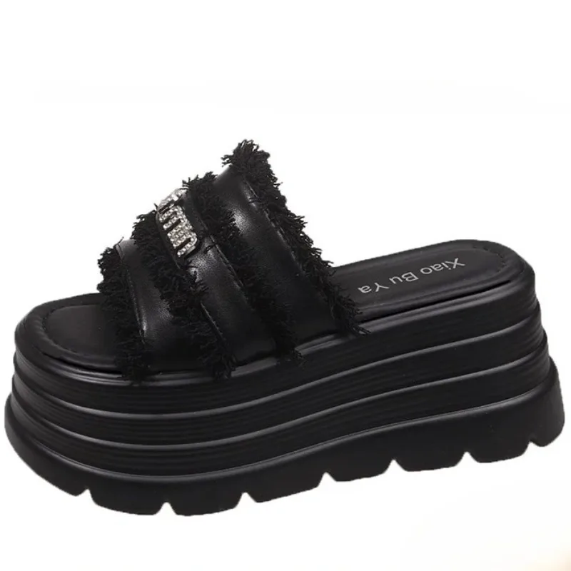 

8CM Chunky Platform Canvas Sandals Women Thick Bottom Wedges Slippers Female New Summer Non Slip Beach Shoes Woman Buckle Slides