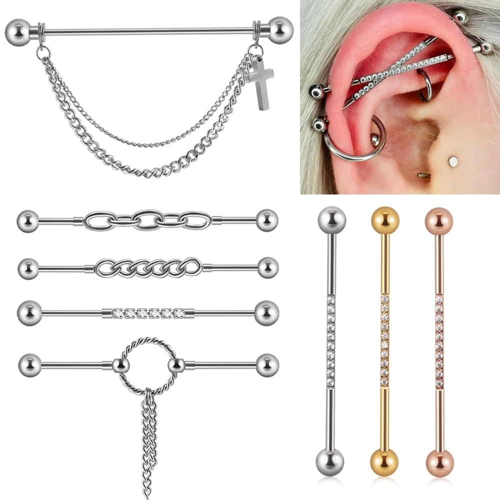 1/2 قطعة سلسلة الغضروف الفولاذ المقاوم للصدأ الحديد الصناعي إدراج الزركون أقراط مستقيم الحديد الزنمة اللولب ثقب المجوهرات #1