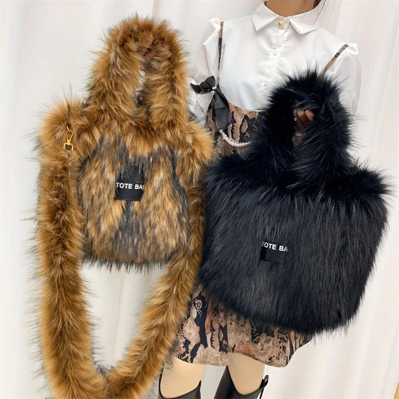 fashion faux fur women handbags designer letters imation raccoon wool shoulder crossbody bags long plush tote bag