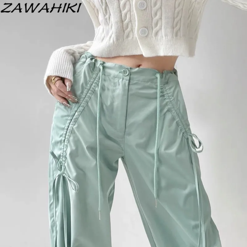 

Y2k Wide Leg Pant for Women Bow Drawstring Casual Cargo Pants Office Lady Preppy Mujer Pantalones Loose Solid Color Trousers