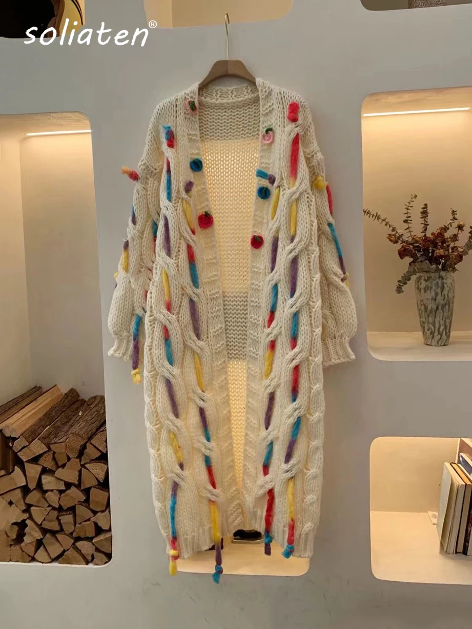 2024 Fall Winter Sweet Handmade Coarse Wool Knitted Long Cardigan 90s Y2k Tassel Embroidered Coat Women\'s Winter Knitwear C-231