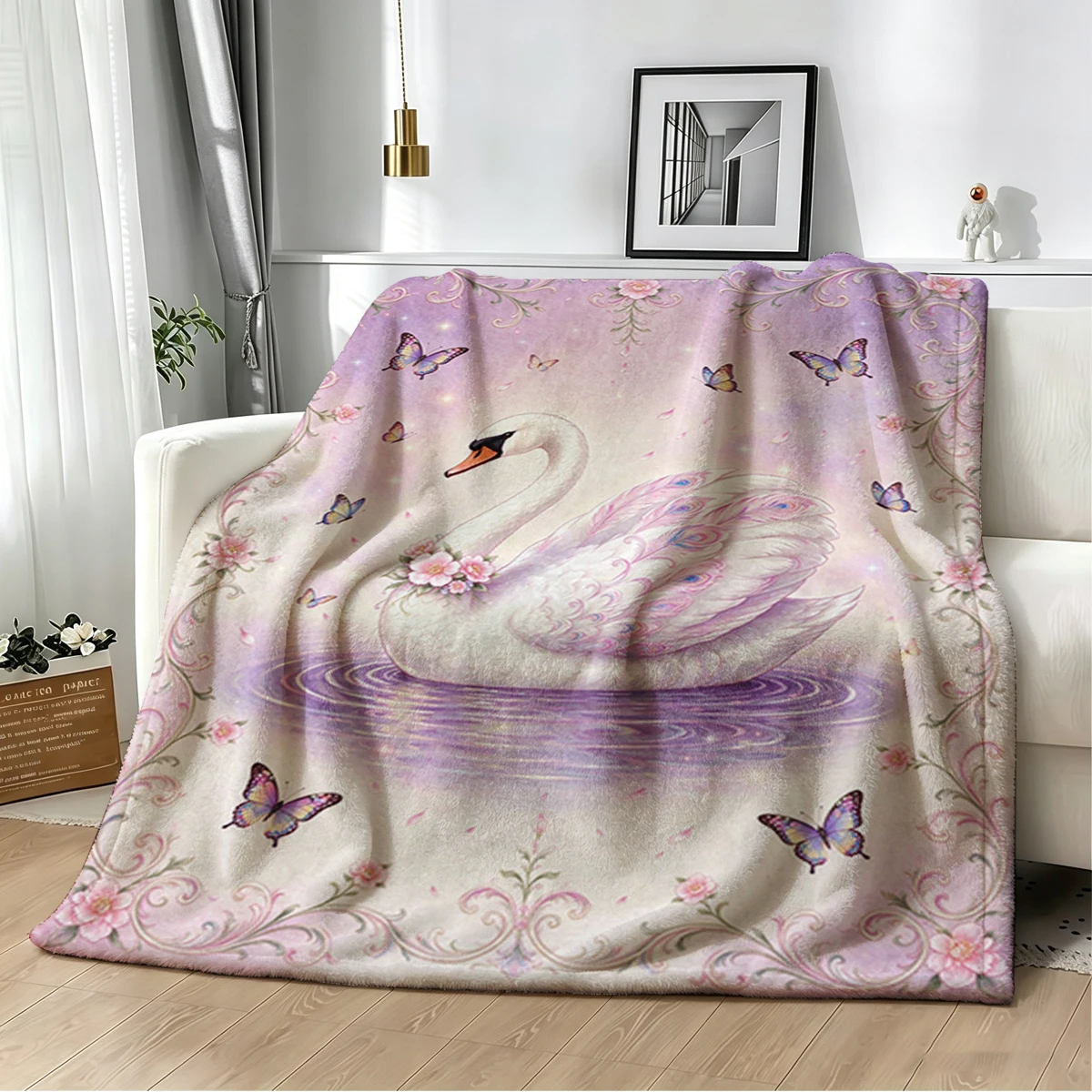 Swan Pair Tulip Lake Frame Flannel Blanket Warm Soft Halloween Christmas Decorative Couch Warm Cozy All-Season Gift