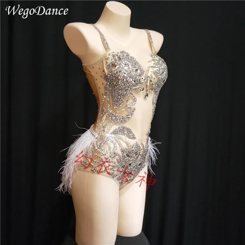 

New Sparkly Silver Rhinestones Bodysuit Feather Hips Leotard Outfit Women Bar Dance Stage Party Dance Costume