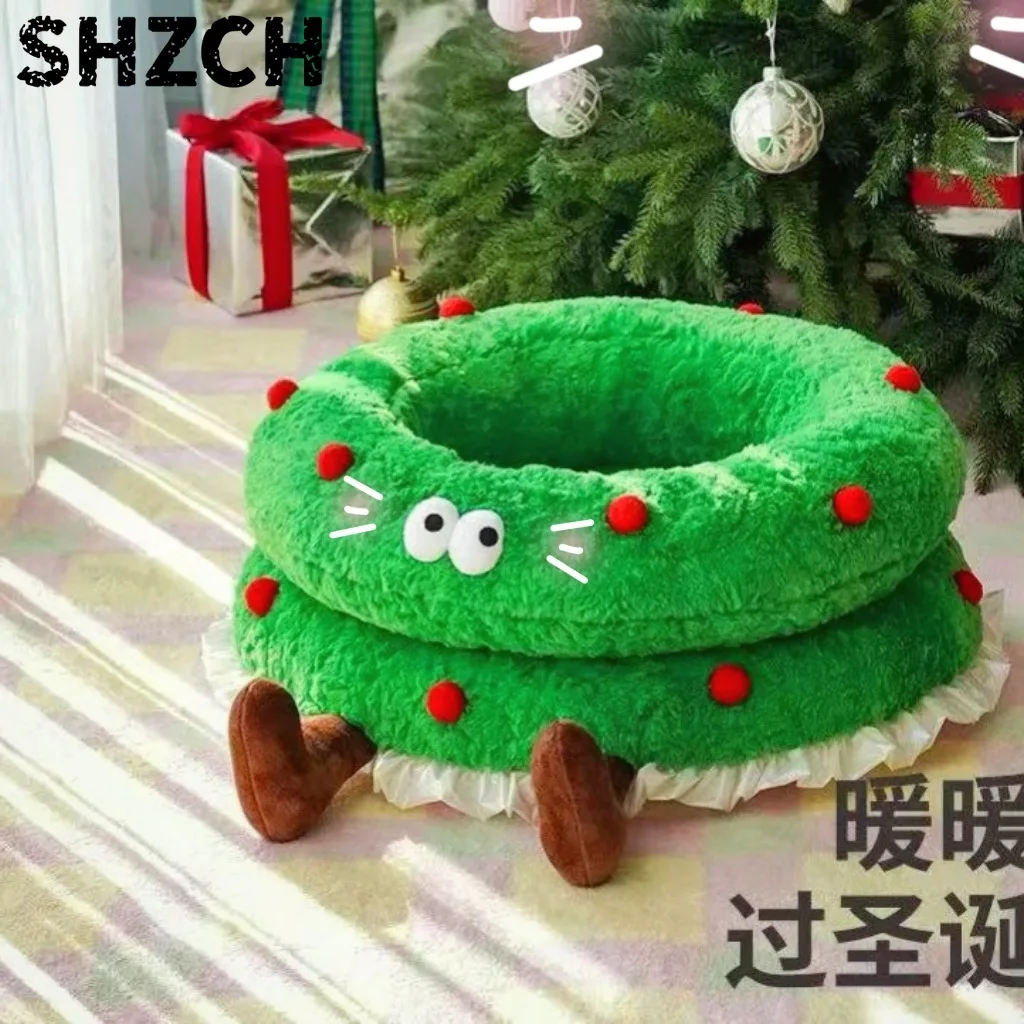 クリスマスリース柄の猫用ベッド-冬用暖かいオープンペットベッド-洗濯可能-かわいい柔らかいプラッシュ素材の巣-猫や犬へのホリデーギフト