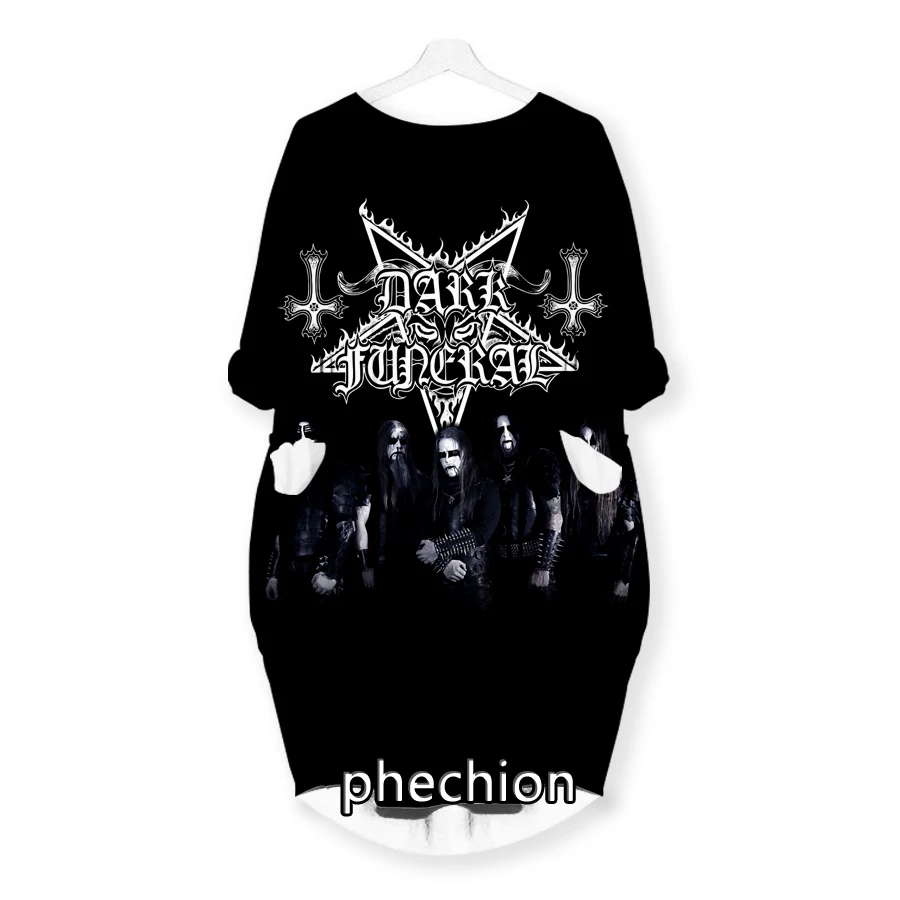 phechion New Fashion Dark Funeral Band 3D Print Dresses Casual Mid-length Dress Women Clothing Pocket Long Sleeve Tops T05