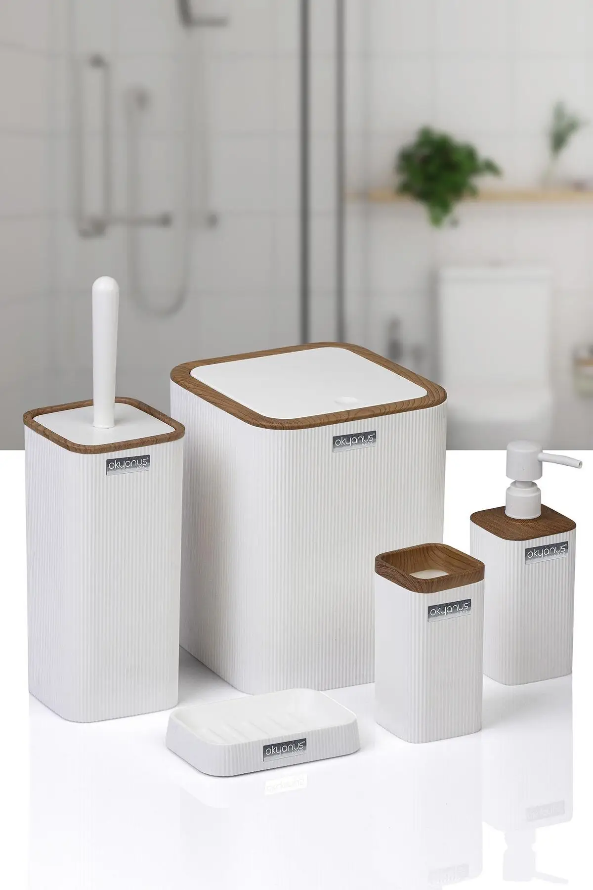 Mina White Wooden Patterned Striped Square 5-Piece Bathroom Set