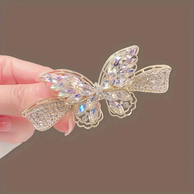 Eleganter Schmetterlingsclip, modische Strass-Haarspange für Damen, funkelnder Rückenclip, Pferdeschwanz-Accessoire, goldener Make-up-Look