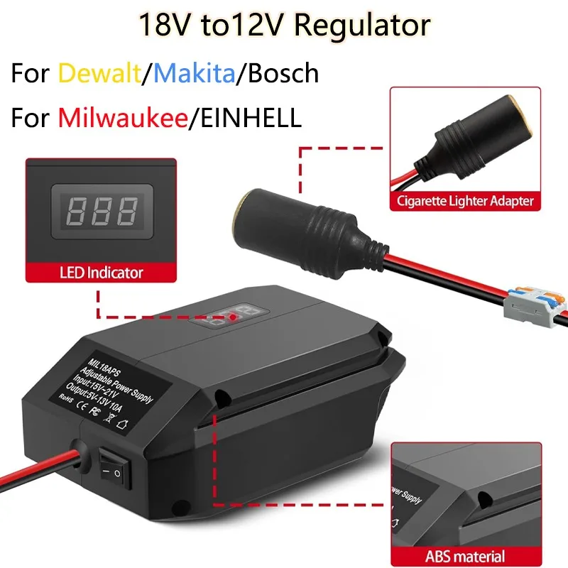 

Понижающий преобразователь постоянного тока от 18 В до 12 В для Dewalt/Makita/Milwaukee/Bosch/Einhell18V, адаптер для электрического колеса, прикуриватель