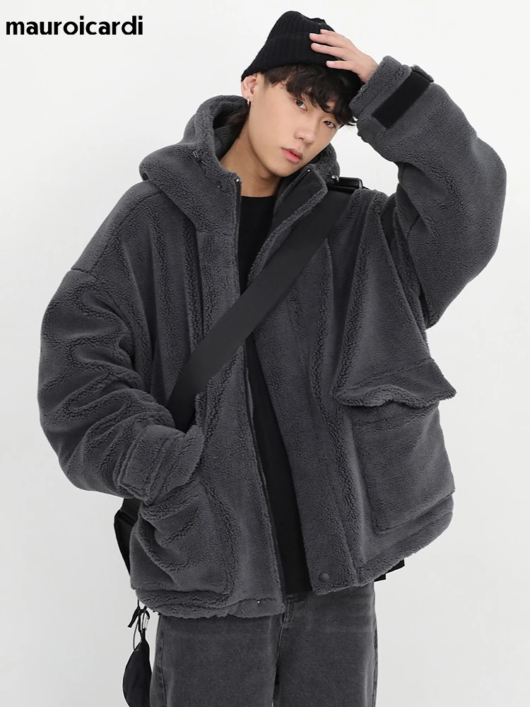 Mauroicardi Winter Thick Warm Oversized Dark Grey Sherpa Jacket Men with Hood Zip Up Fluffy Loose Casual Faux Lamb Fur Coat 2022