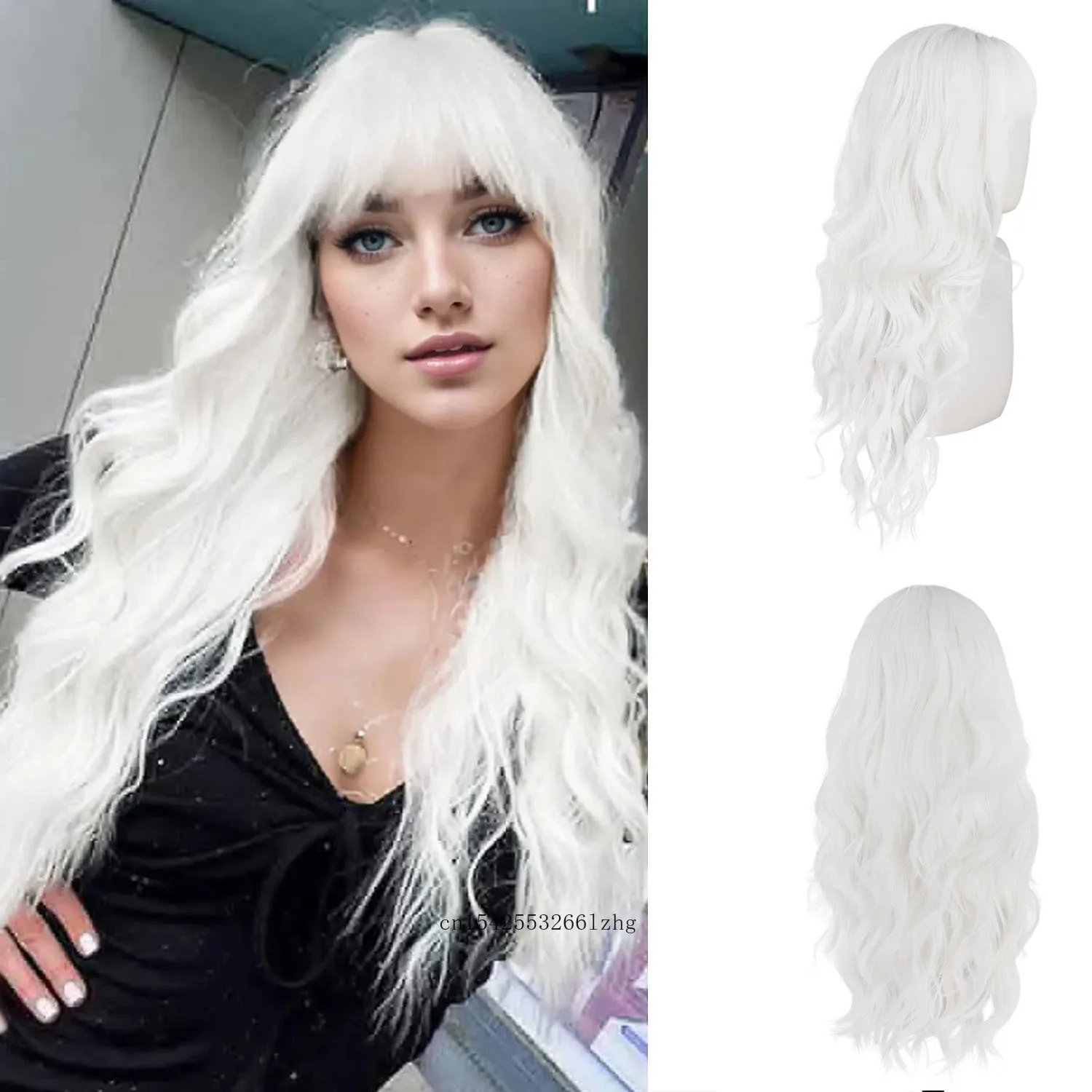 

White Wig Synthetic Hair 28 Inch Long Curly Wigs for Women Wavy Wig with Bangs Cosplay Halloween Costume Carnival Party Dress Up
