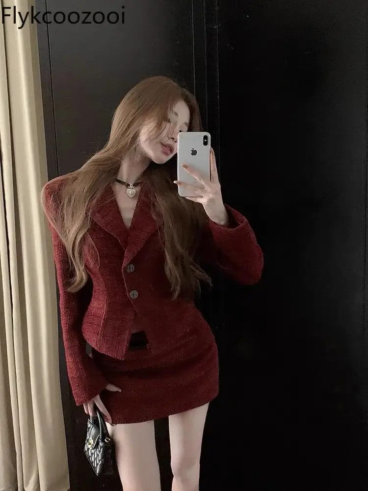 Red Waist Slimming Short Suit Jacket Temperament High-grade Skirt Women Autumn and Winter High Fanny Two-piece Set