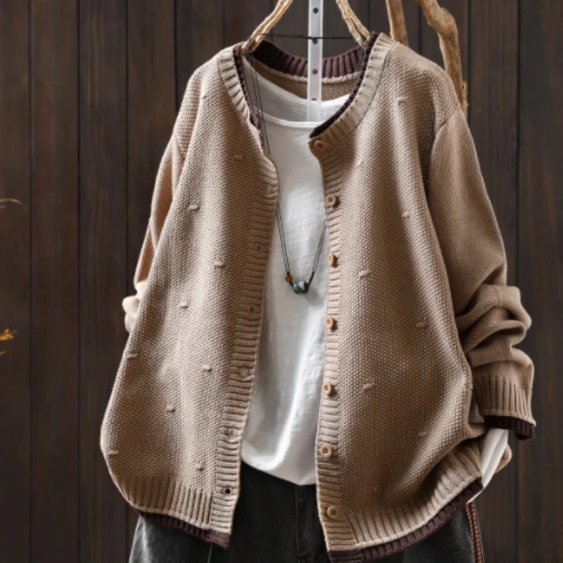 Women Long Sleeve Knitted Cardigan Top New Arrival Loose 2025 Autumn Simple Style Solid Color Loose Female Casual Sweater Coats