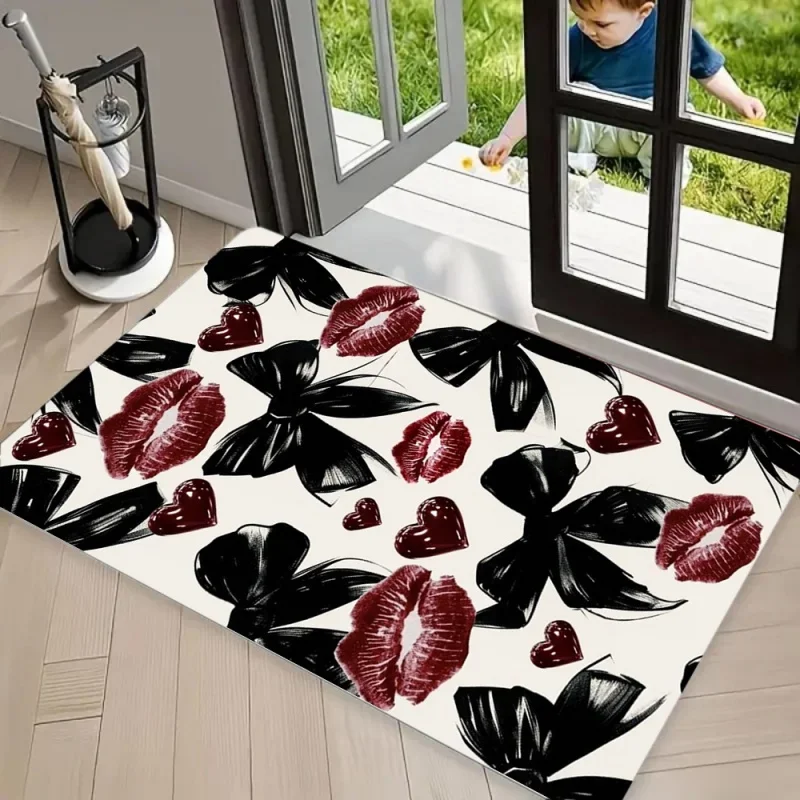 Y2K Leopard Check Red Lips Cherry Area Rug Carpet Non Slip Floor Mat Washable Front Door Doormat Entryway Rug Trendy Home Decor