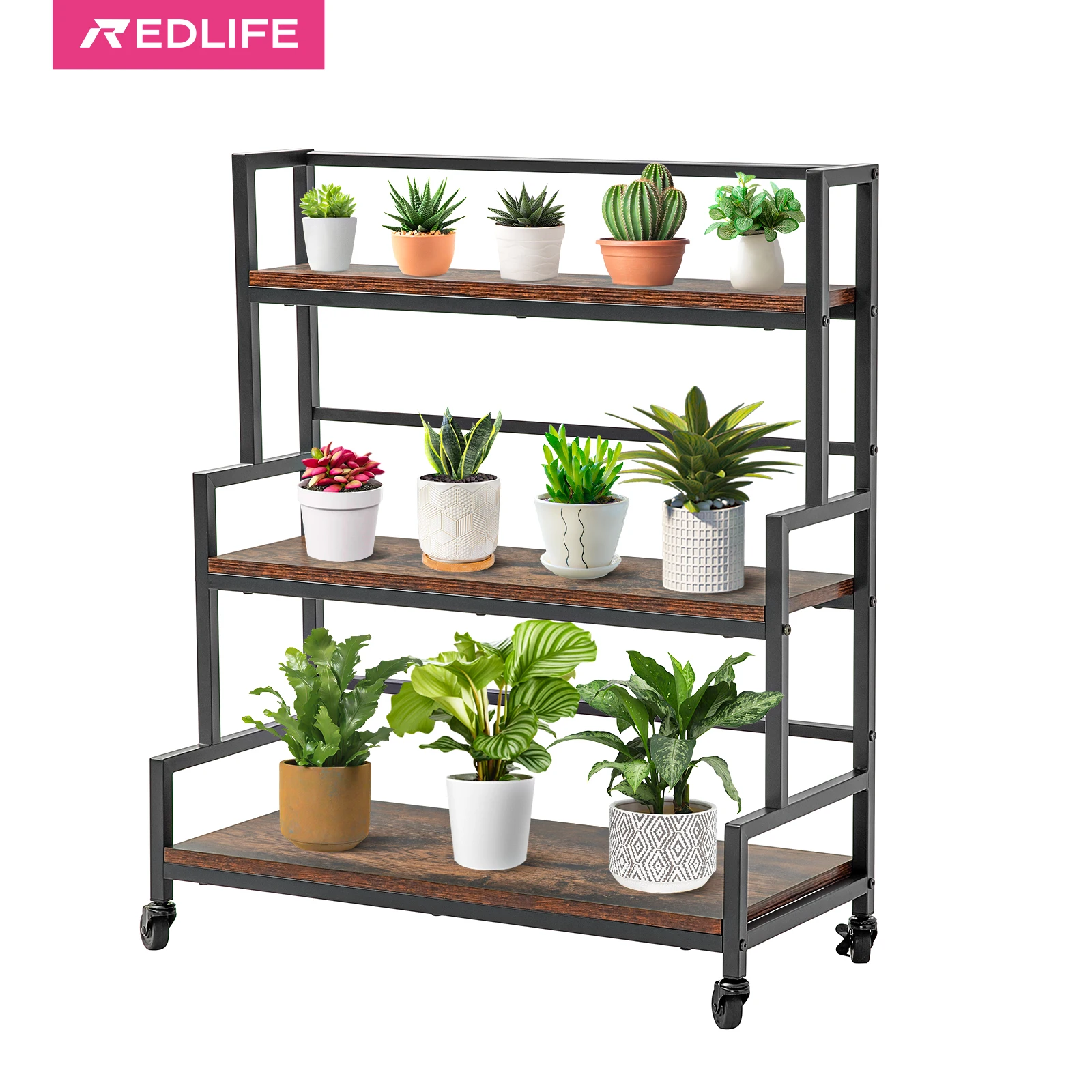 

Redlife 37'' 70''Rustic Plant Stand Plant Ladder Shelf Rolling Flower Rack w/ Solid Wood & Wheels for Garden Balcony Living Room