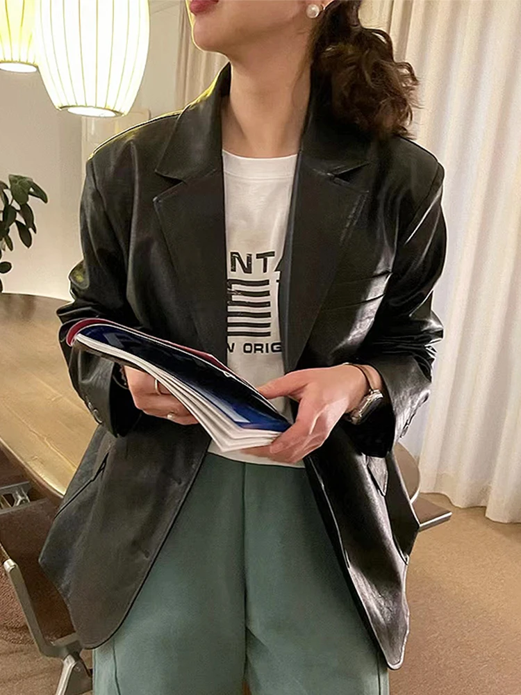 Chic Vintage Autunno Lungo Sve PU Pelle Jaet Cappotto ampio da donna a due bottoni Sli Pendolarismo Vento per 8-24 anni