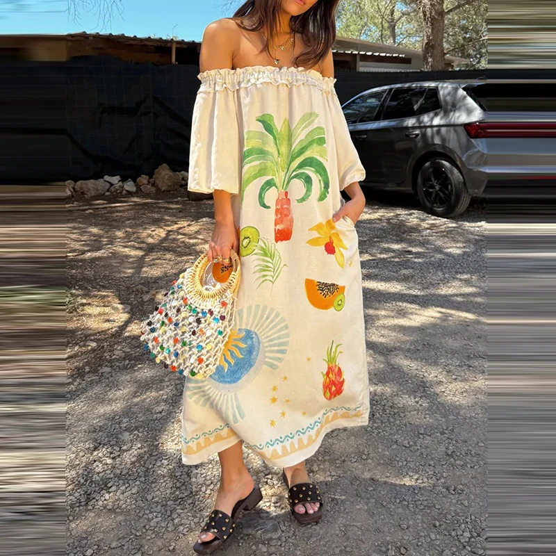 Elegante fora do ombro manga longa bohe vestido moda altura cintura solta plissado vestido longo senhora casual flor impressão vestidos de festa