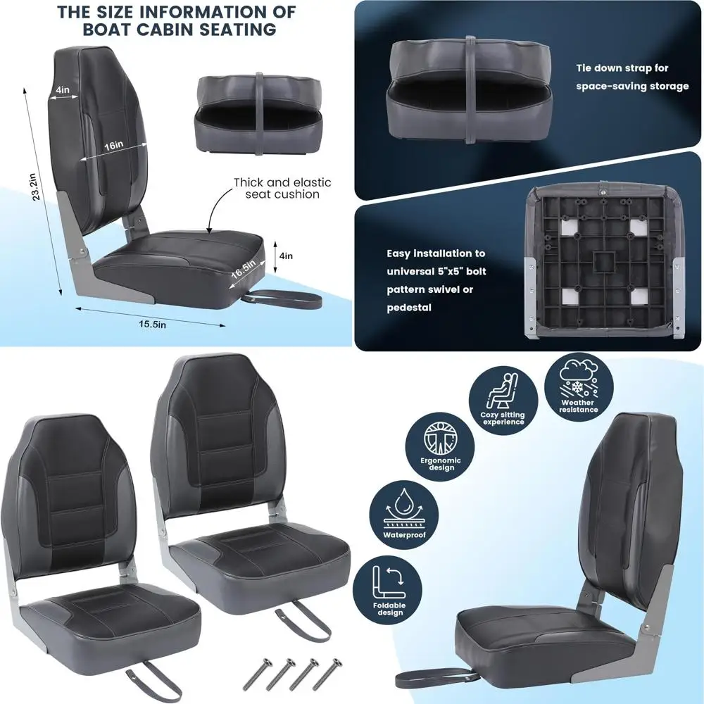 

High Back Folding Boat Seats - 23.2x15.5 Cushioned, Waterproof for Bass Tracker & Sightseeing (Black)
