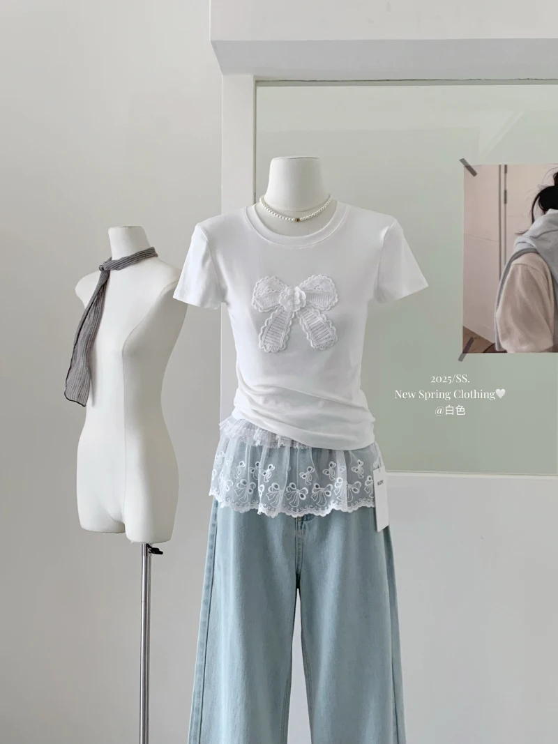 Bomon Y2k Dames T-shirt met korte mouwen Ronde hals Kant Strikborduurwerk Lente Zomer Nieuwe Koreaanse minimalistische alles-in-één slanke top