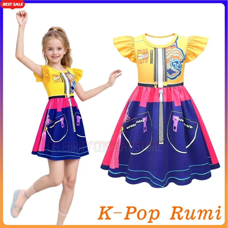 

Movie K-Pop Rumi Cosplay Costume Halloween Carnival Rumi Hunters 3D Printed Pattern Yellow Blue Flying Sleeve Dress Up for Girl