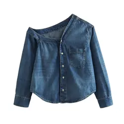 Women's Fashion One Shoulder Asymmetric Denim Blouse Fashion Pocket Button Sexy Backless Shirt