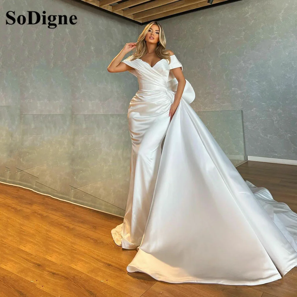 

SoDigne White Mermaid Evening Dresses With Overskirt Off The Shoulder Pleats Long Women Prom Gowns Special Party Dress