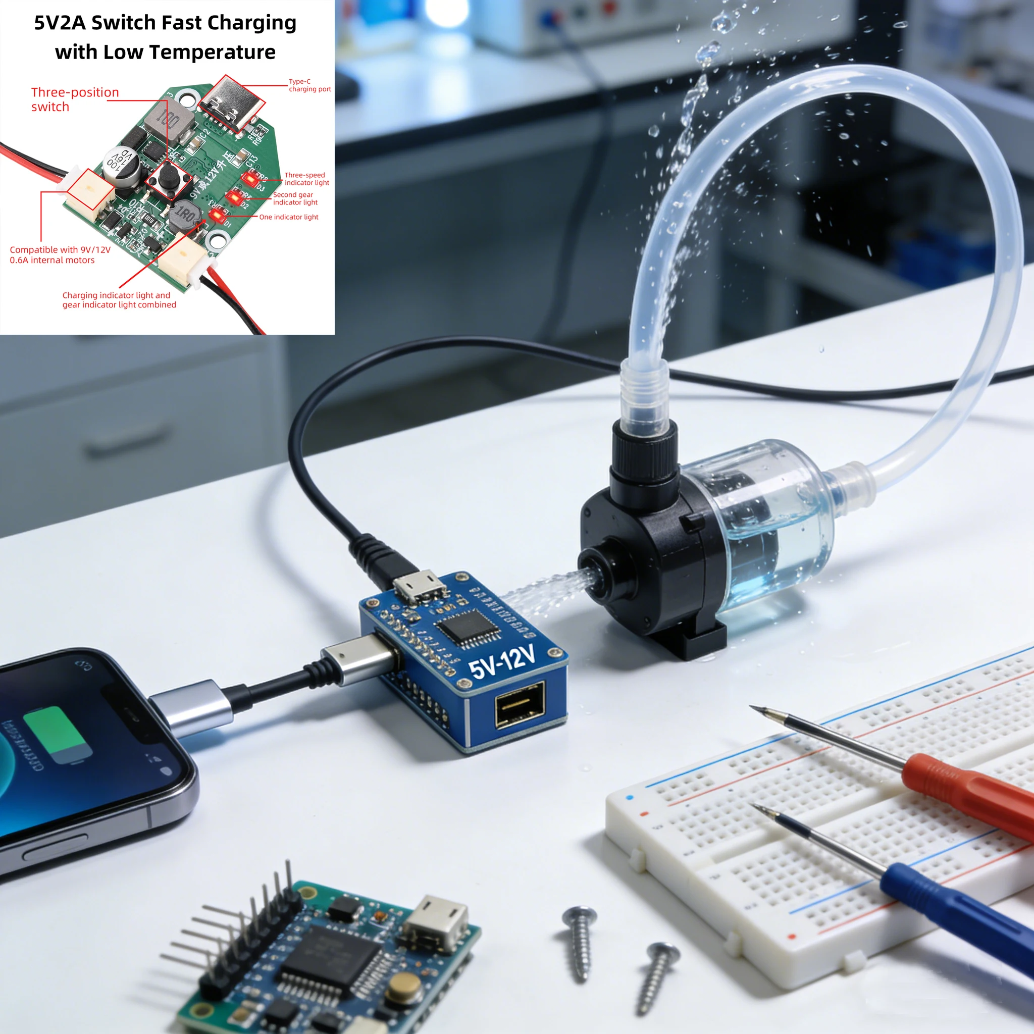 

DC 9V/12V 3-Speed Adjustable Fan Circuit Board with Type-C Fast Charging PWM Boost Technology for DIY Projects