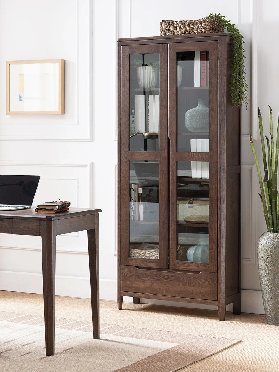 

Full solid wood bookshelf, glass door, household oak bookshelf, floor to ceiling bookshelf, Nordic furniture