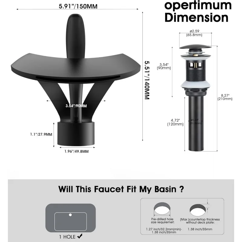 Elegant Bathroom Sink Faucet Single Hole,Waterfall Matte Black Vanity Solid Brass,Handle Basin Tap with P