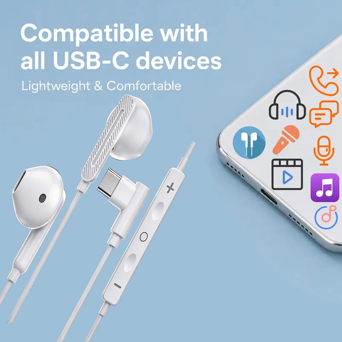 1 Pack USB-C Wired Earphones, HiFi Stereo Type C In Ear Headphones With Mic & Volume Control