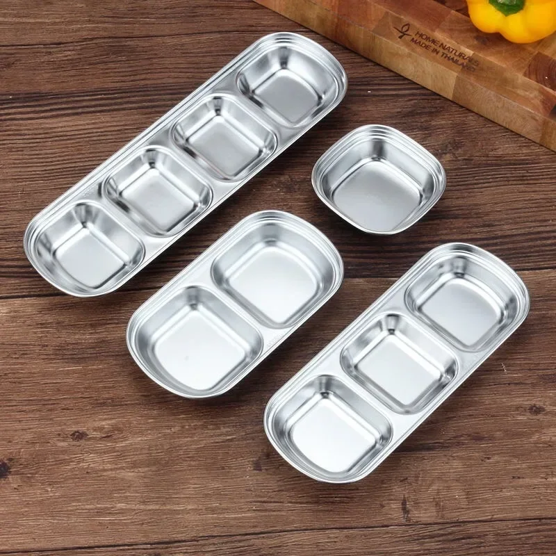 304 Stainless Steel Plate 3-girds Sauce Dip Tray Korean Seasoning Storage Holders BBQ Bakeware Tools Restaurant Cutlery