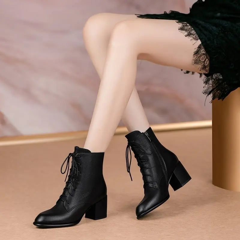 Chunky Heel Short Boots Women Retro British Style Pointed Toe Lace Up Shoes Solid Colour Side Zip High Heels Bota Para Mujer