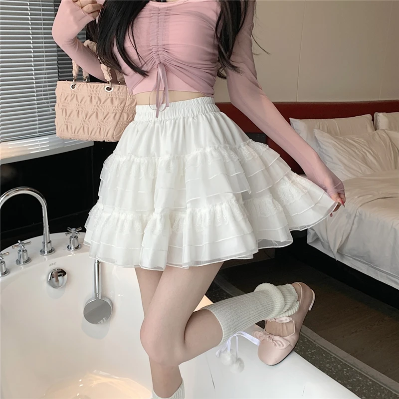 Women Ruffle Lace Mesh Spliced Japanese Kawaii Sweet Sexy Mini Skirt Summer Trendy Solid Y2K E-girl High Waist Streetwear Skirts