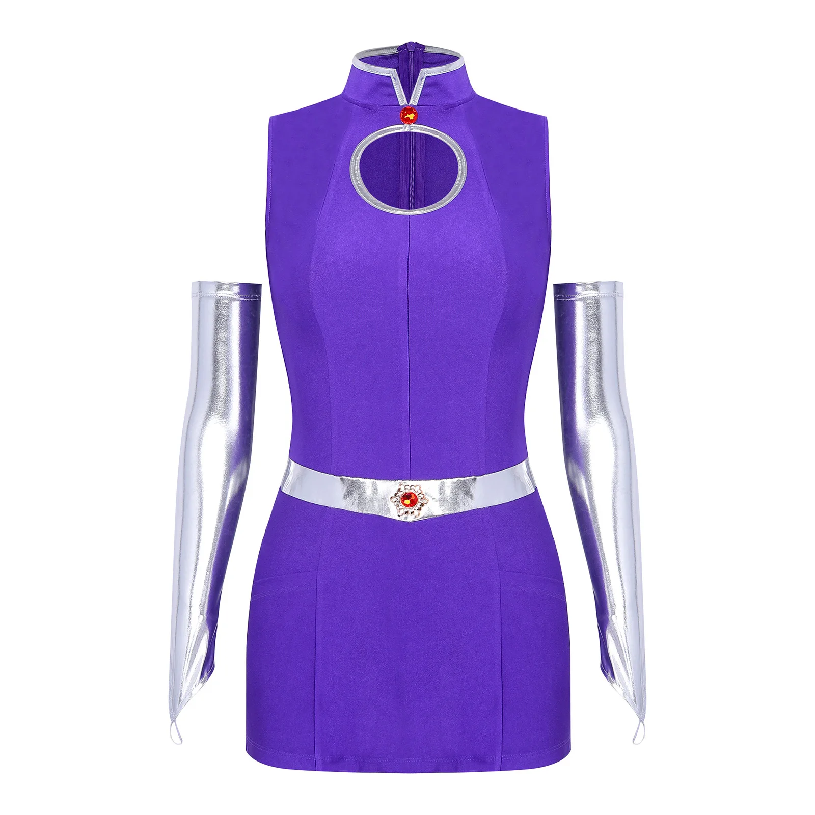 Disfraz de cosplay para fiesta temática de Halloween para mujer: vestido corto sin mangas o conjunto de falda y chaleco con guantes metálicos, inspirado en la princesa y la heroína de Star-Fire.
