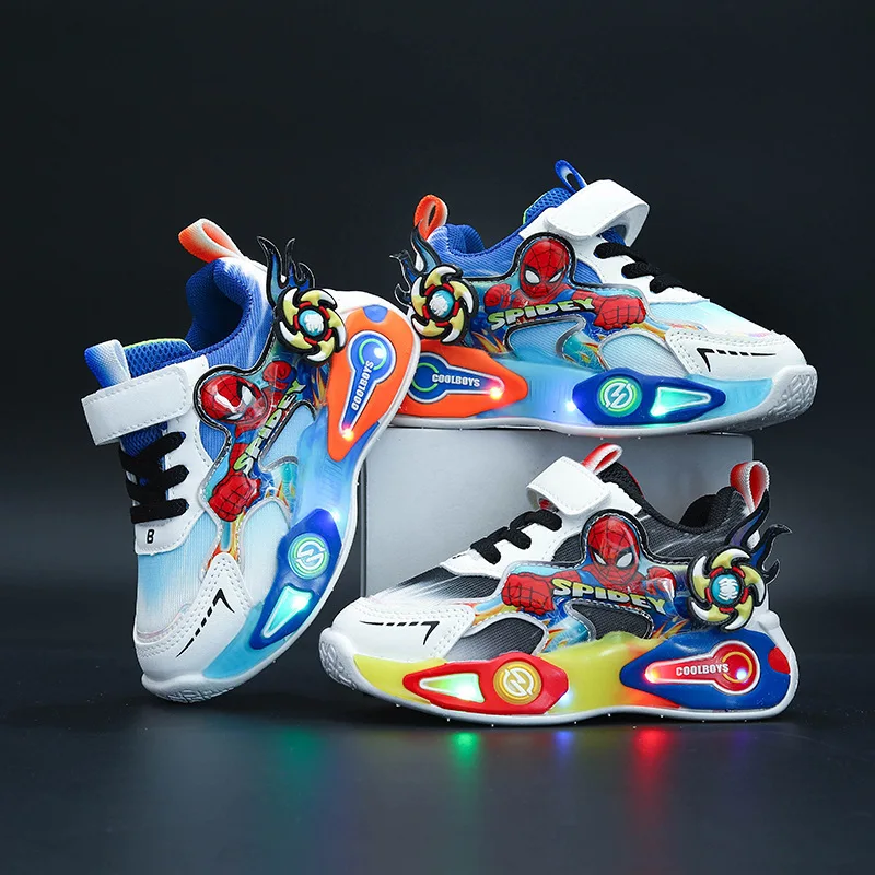 

Disney Children's Sneakers Boys Cartoon Spiderman Led Light Sport Shoes Student Shoes Hook Anti-slip Kids Outdoor Shoes