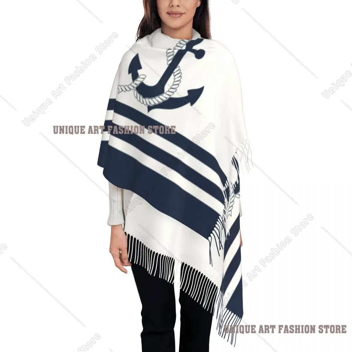 

Personalized Printed Nautical Blue Anchors With Blue And White Stripes Scarf Winter Warm Scarves Sailing Sailor Shawl Wrap