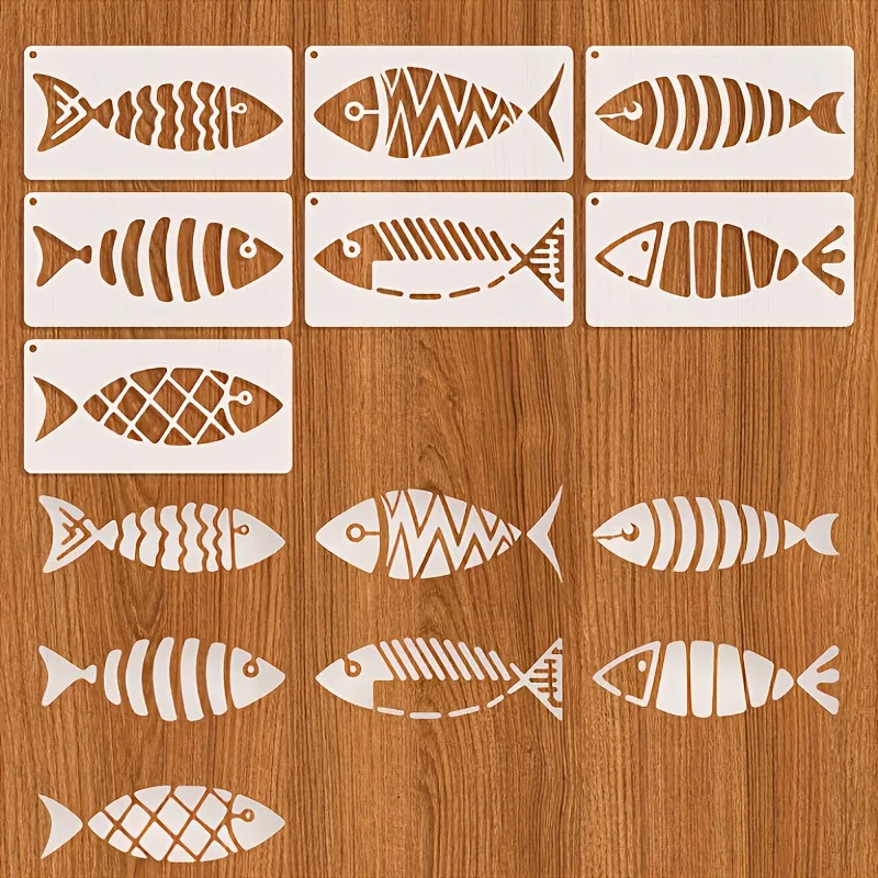 

7pcs Little Fish Painting Stencils, Reusable Hand Painted Spray Graffiti Templates Pottery DIY Surface Decor Washable Easy Clean